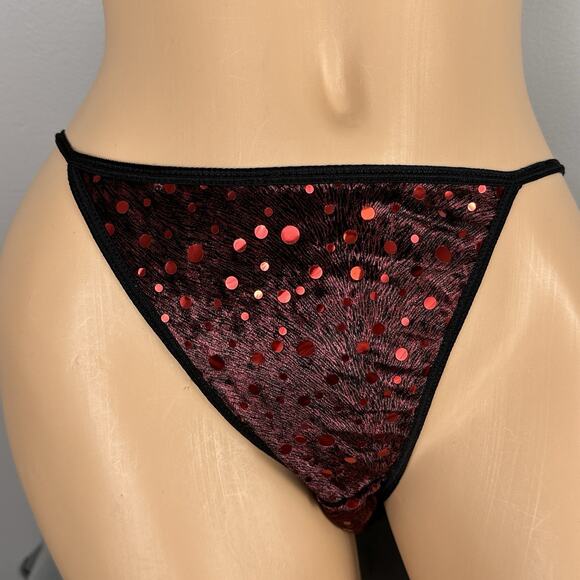Vintage Van Mar String Bikini Panties Sz 6 Medium Red Black Velvet Foil Dot Y2K - Picture 3 of 9